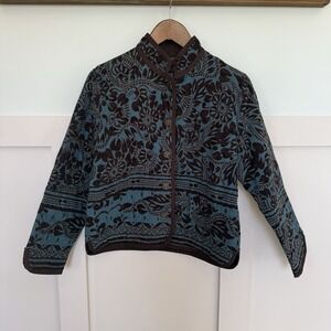 Multiples Quilted Jacket Women's Medium  Teal Brown 100% Cotton Buttons Career